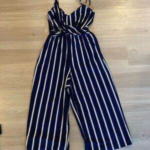 Navy & White Striped Wide Leg Crop Leg Jumpsuit